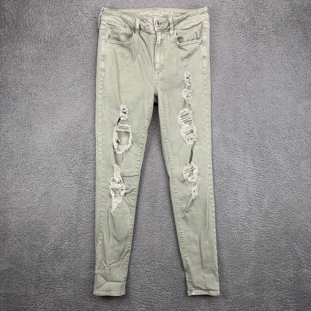 American Eagle Hi-Rise Jegging Super Stretch X Olive Green Distressed Size 8 Reg